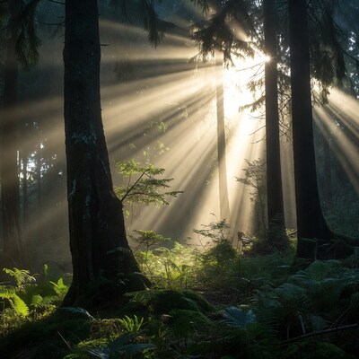 Sun rays piercing dense forest trees