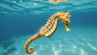 Yellow seahorse swimming underwater