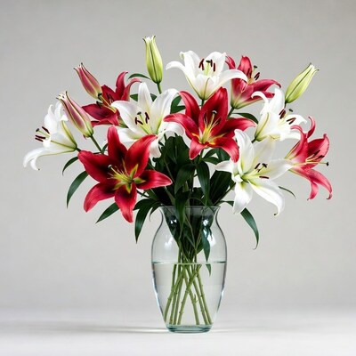 Red and White Lilies in Vase