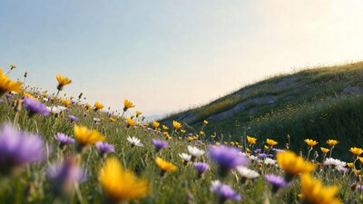 Colorful Wildflowers on Grassy Hillside