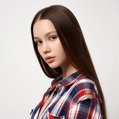 Young woman in plaid shirt profile