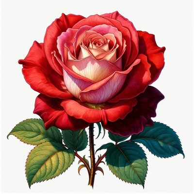 Red Rose with Leaves Illustration