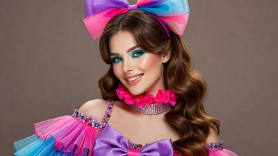 Woman in pink bow headband dress