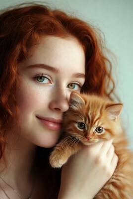Woman holding ginger kitten