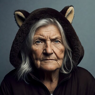 Elderly woman in bear hood