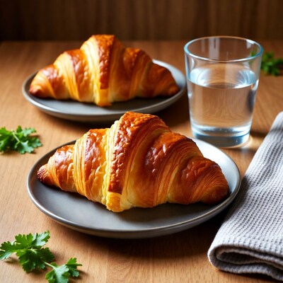 Fresh croissants with water glass