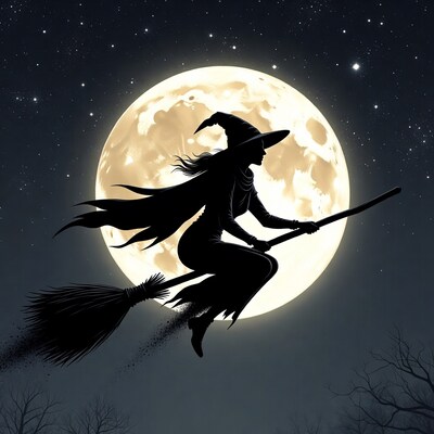 Silhouette witch flying on broom