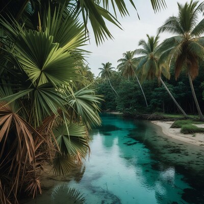 Turquoise river in tropical palm forest