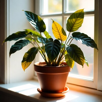 Philodendron in terracotta pot by window