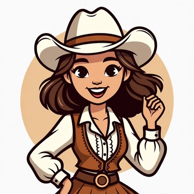 Cartoon cowgirl smiling with hand raised