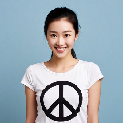 Asian woman smiling in peace sign t-shirt