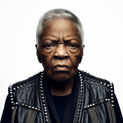 Elderly African-American woman in studded leather vest