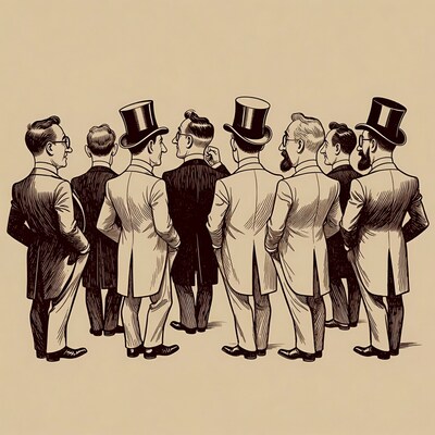Group of men in top hats from behind