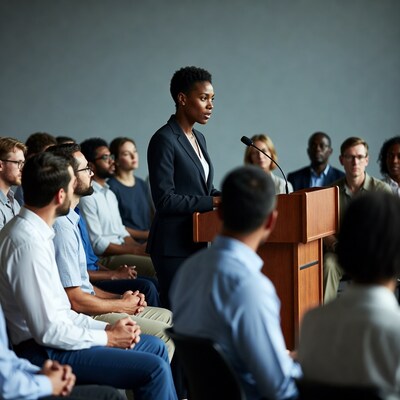 African-American woman speaking at podium