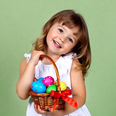 Girl holding Easter basket with eggs