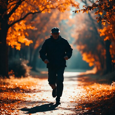 Elderly man jogging autumn forest path