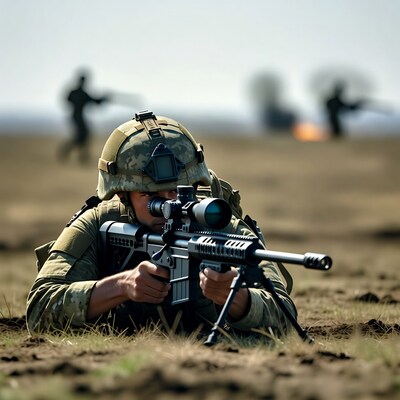 Soldier aiming sniper rifle prone