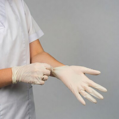 Nurse putting on latex gloves
