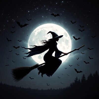 Witch flying on broomstick under full moon
