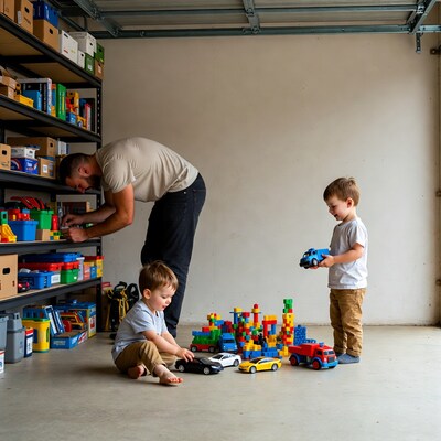 Father and boys playing toys in garage