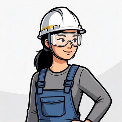 Asian woman in hard hat and overalls