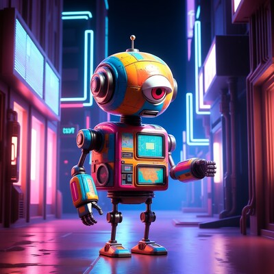 Colorful robot in neon cyberpunk alley