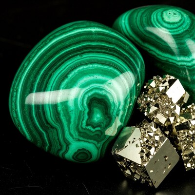 Malachite and Pyrite Crystals