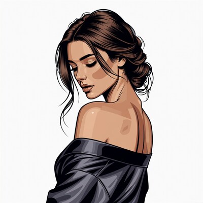 Woman with brunette updo in black off-shoulder top