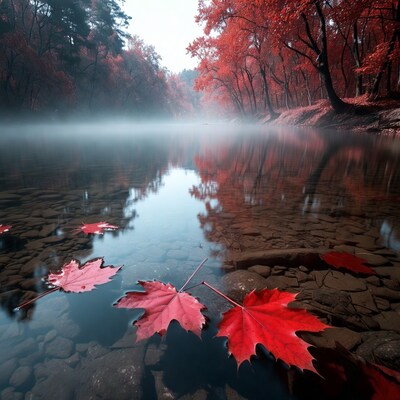 Red autumn leaves in misty river