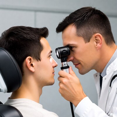 Doctor examining young man's eyes