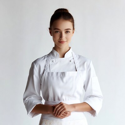 Young woman chef in white uniform