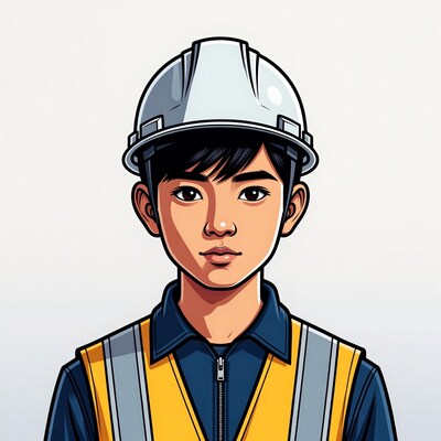 Asian boy in hard hat and vest