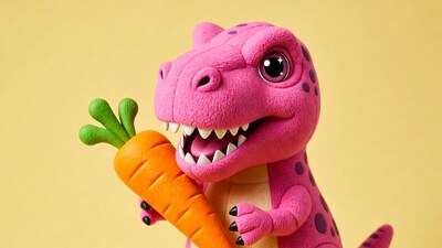 Pink T-Rex holding carrot