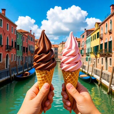 Hands holding chocolate strawberry ice cream Venice