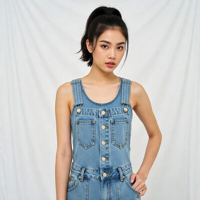 Asian woman in blue denim overalls