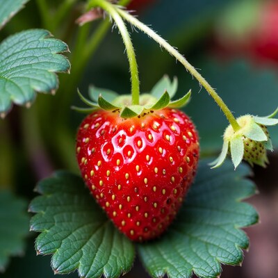 Ripe Strawberry on Green Leaf