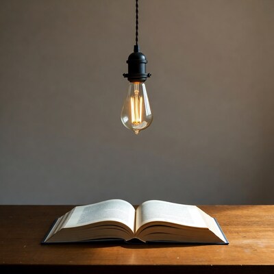 Open book under hanging Edison bulb