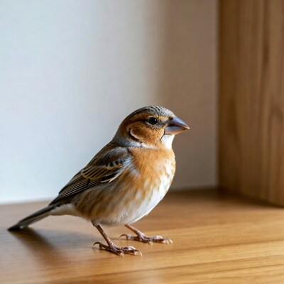 Twite Finch Standing on Wooden Floor