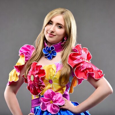 Blonde woman in colorful flower dress