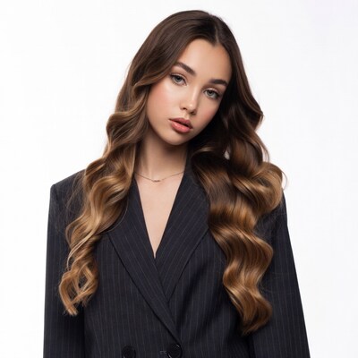 Woman in pinstripe blazer with wavy hair