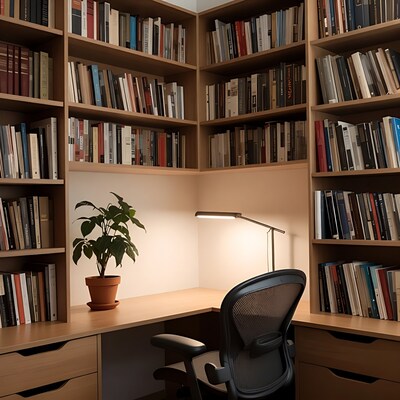 Cozy Wooden Bookshelf Desk Corner