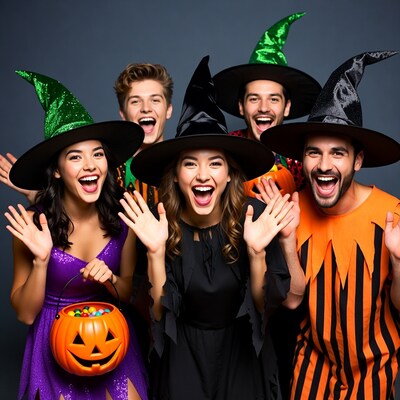 Group in Halloween costumes smiling excitedly