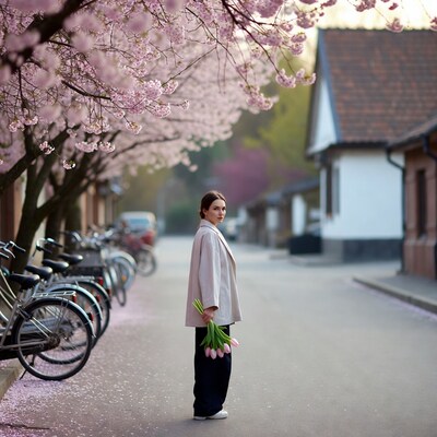 Woman holding tulips under cherry blossoms
