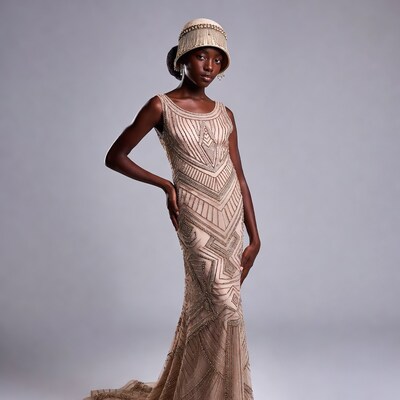 African-American woman in beaded flapper gown