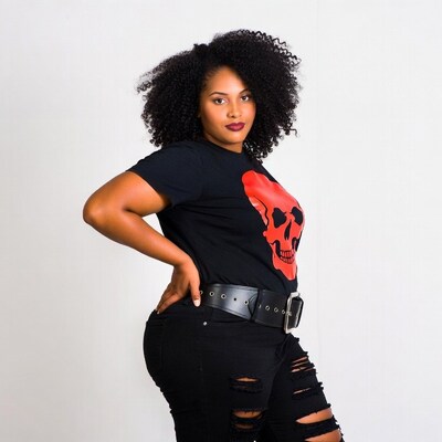 Curvy African-American woman in skull t-shirt