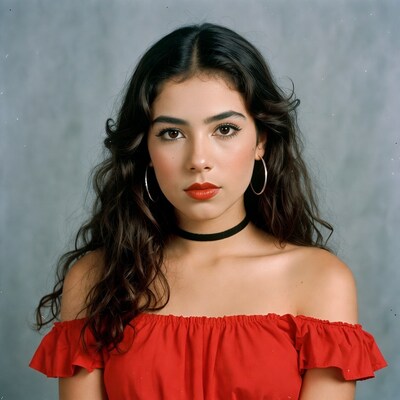 Latina woman in red off-shoulder top