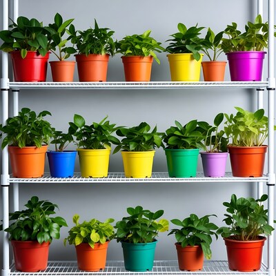 Colorful Potted Plants on White Shelves