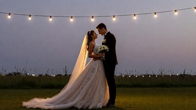 Bride and groom embracing under string lights