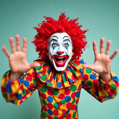 Clown with outstretched hands smiling
