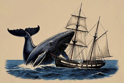 Blue whale attacking sailing ship